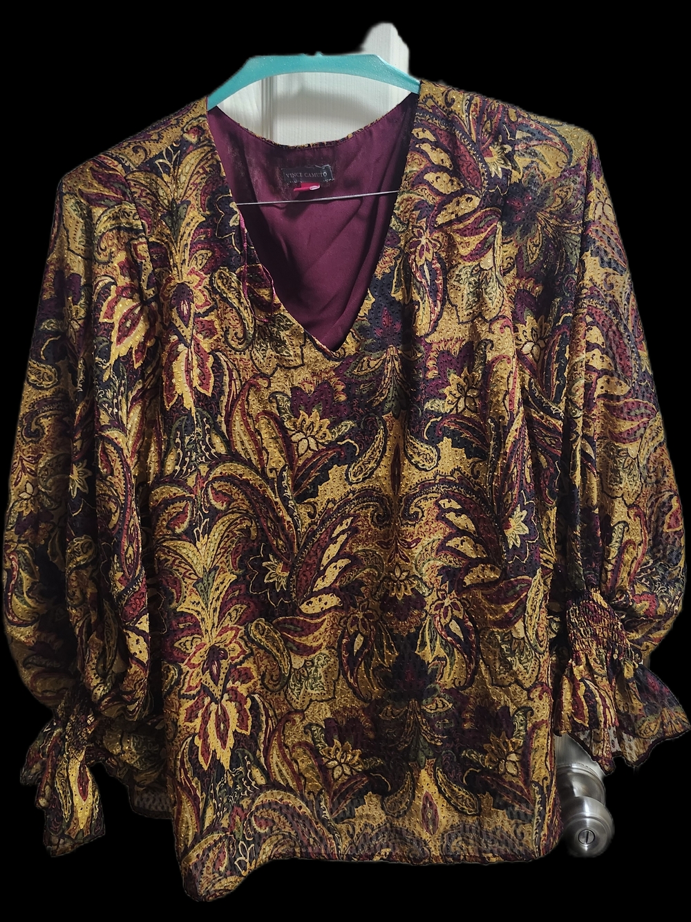 Vince Camuto Burgundy, Gold and Black Paisley V-Neck Blouse